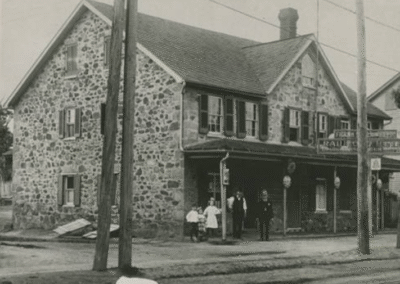 Black and white photo of brick building